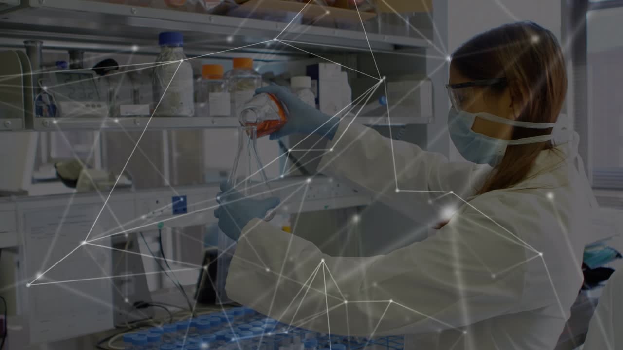Animation of network of connections over caucasian female scientist in lab
