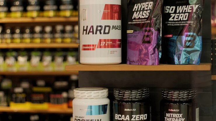 Sport nutrition store interior with large choice of nutritional supplements.