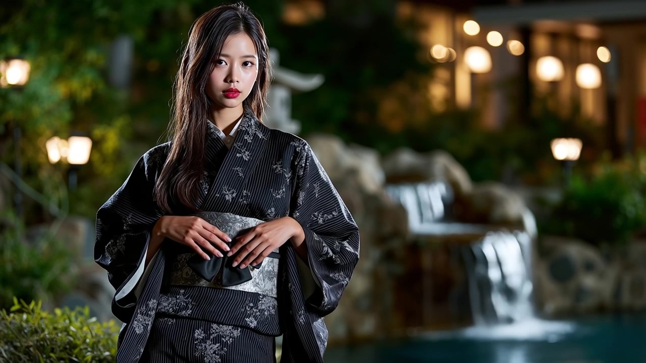 Elegante giovane donna che indossa un kimono scuro a fantasia in piedi vicino a una cascata di notte