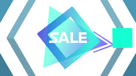 sale graphic in blue shapes on purple background