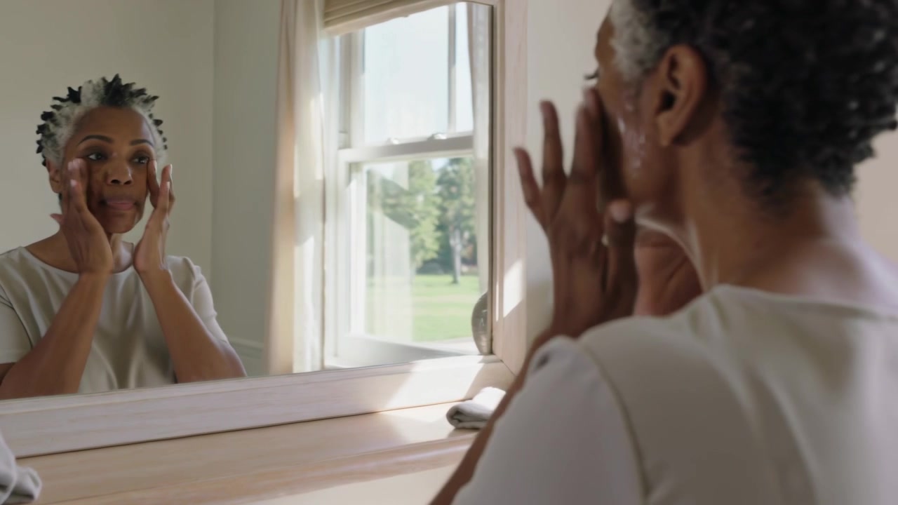 Esfregando o produto entre as mãos, mulher negra idosa massageando o rosto para cuidados com a pele na penteadeira.