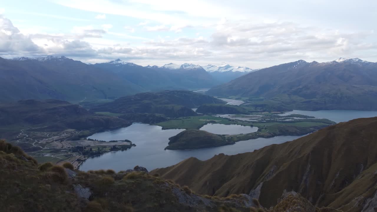 Drone view of mountains, Lake Wanaka and landscape from Roy&#x27;s Peak, Wanaka, New Zealand.