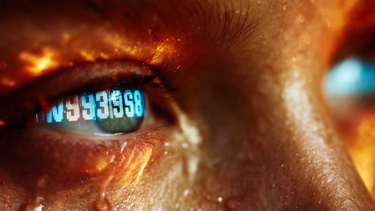 A close-up view highlighting the expressive blue eyes with reflections of a fiery scene, capturing a moment of intense emotion intertwined with elements of struggle and despair