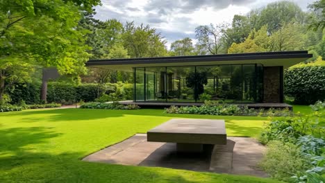 a modern house with a concrete bench in the middle of a lush green yard