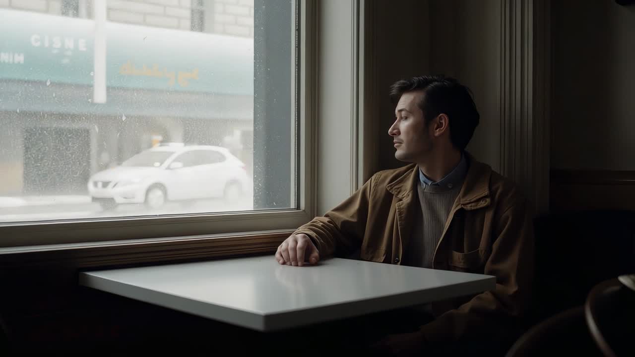 Turning man in brown jacket tracking passing white car at cafe window, with raindrops, copy space