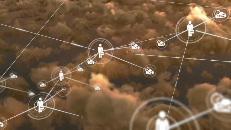 Animation of network of connections with icons over clouds