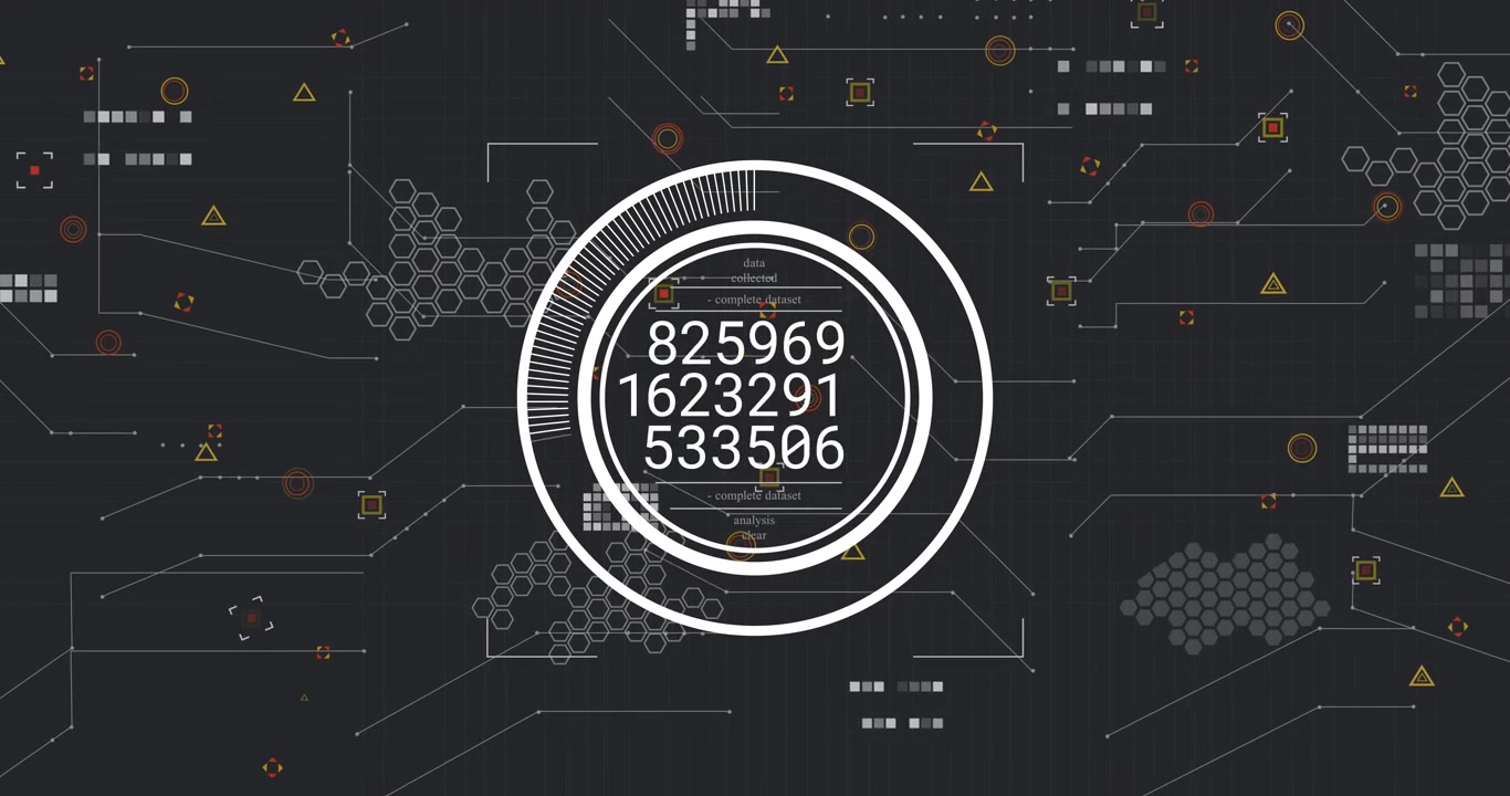 Central HUD receiving data pulse, cycling numeric readouts and sweeping ring for network analytics