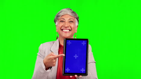 Tablet,-green-screen-and-business-woman-in-online