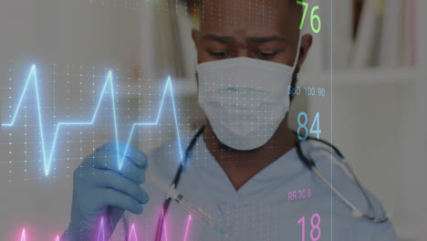 animación de procesamiento de datos sobre médico afroamericano con máscara facial