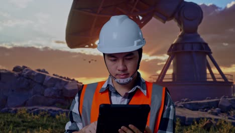 close up of asian male engineer with safety helmet working on a tablet while standing with large satellite dish
