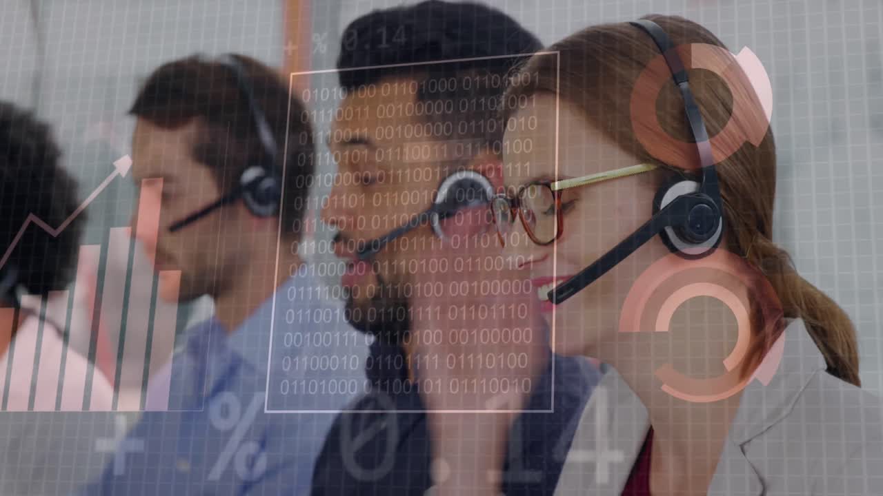 Animation of financial data processing over diverse business people working in office