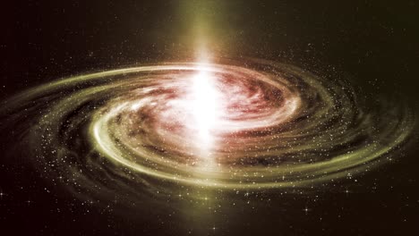 beautiful and stunning 3d cgi simulation of a spectacular red and gold spiral galaxy spinning in space, trailing diamond-like stars