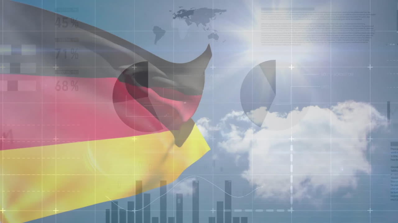 Animation of flag of germany over blue sky and charts processing data