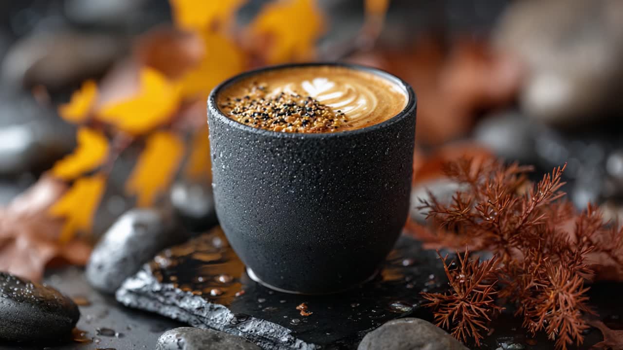 Una tazza fumante di caffè schiumoso adagiata tra foglie autunnali e pietre, che mette in risalto il calore e l'estetica di un tranquillo momento nella natura