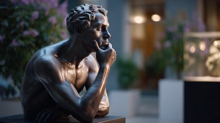 A Thoughtful Bronze Sculpture of a Pensive Man Deep in Contemplation, Captured in an Art Space with Soft Natural Lighting and Surrounding Flora