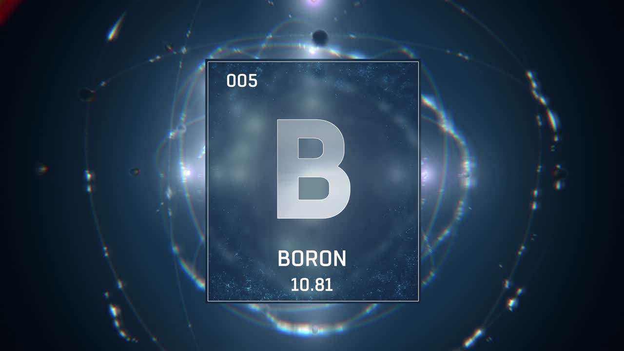 bor como elemento 5 de la tabla periódica animación 3d en fondo azul