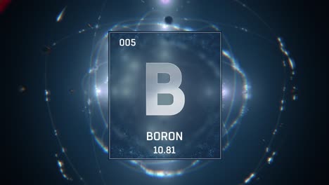 boron as element 5 of the periodic table 3d animation on blue background