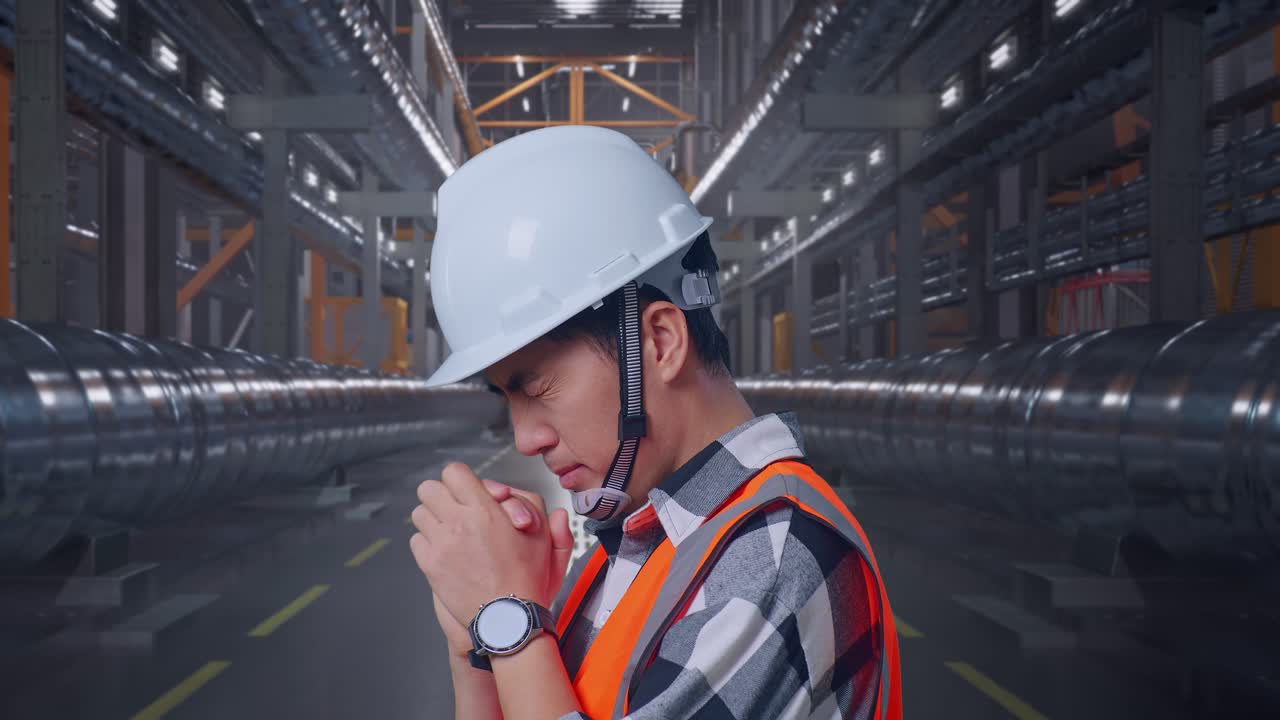 Close Up Side View Of Asian Male Engineer With Safety Helmet Pray For Something While Standing With Metal Pipes