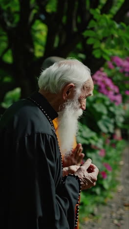 Elderly and Young Monks in a Garden
