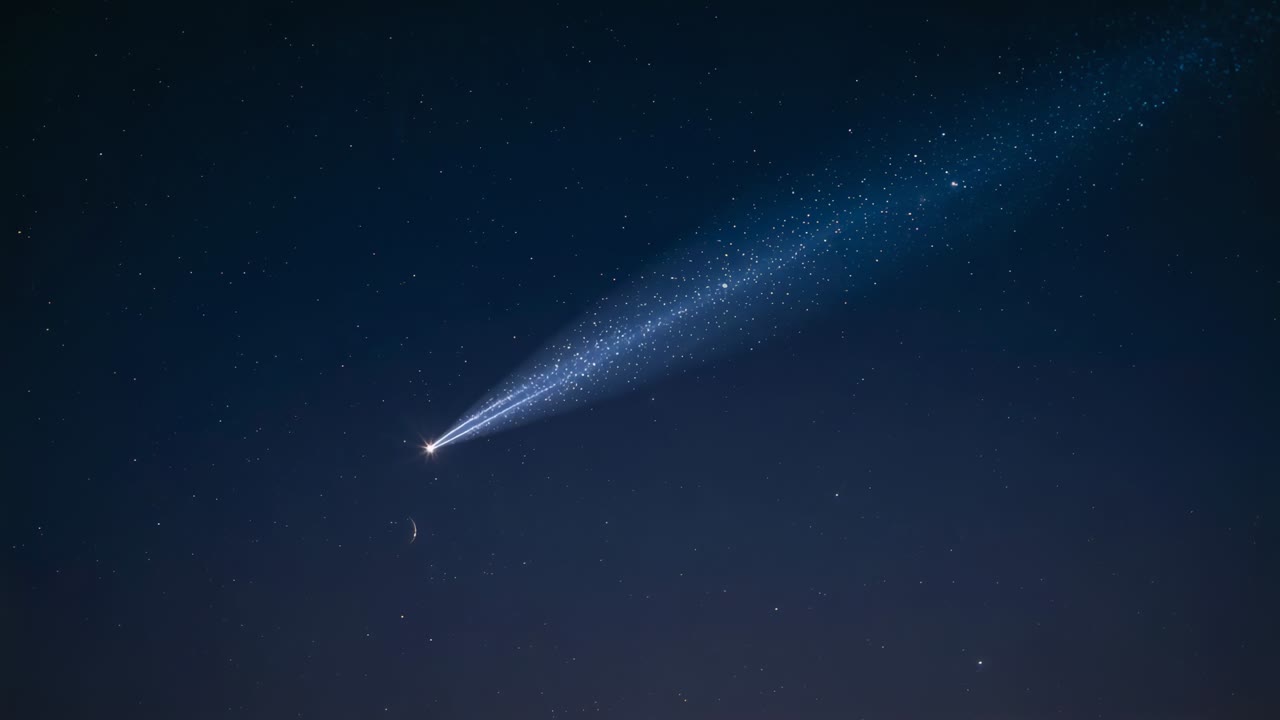 Appearing bright core moving from left toward center over star field, leaving dusty tail and streak