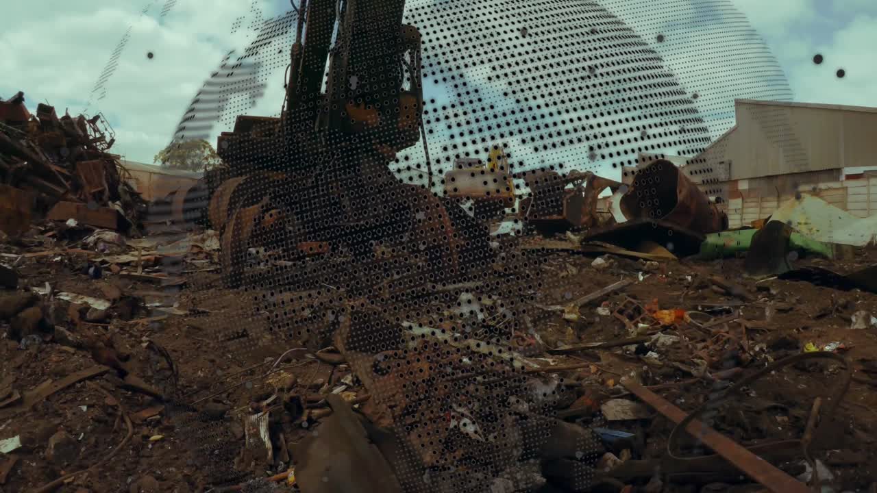 자동차 쓰레기 매장 위에서 회전하는 지구의 애니메이션과 데이터 처리