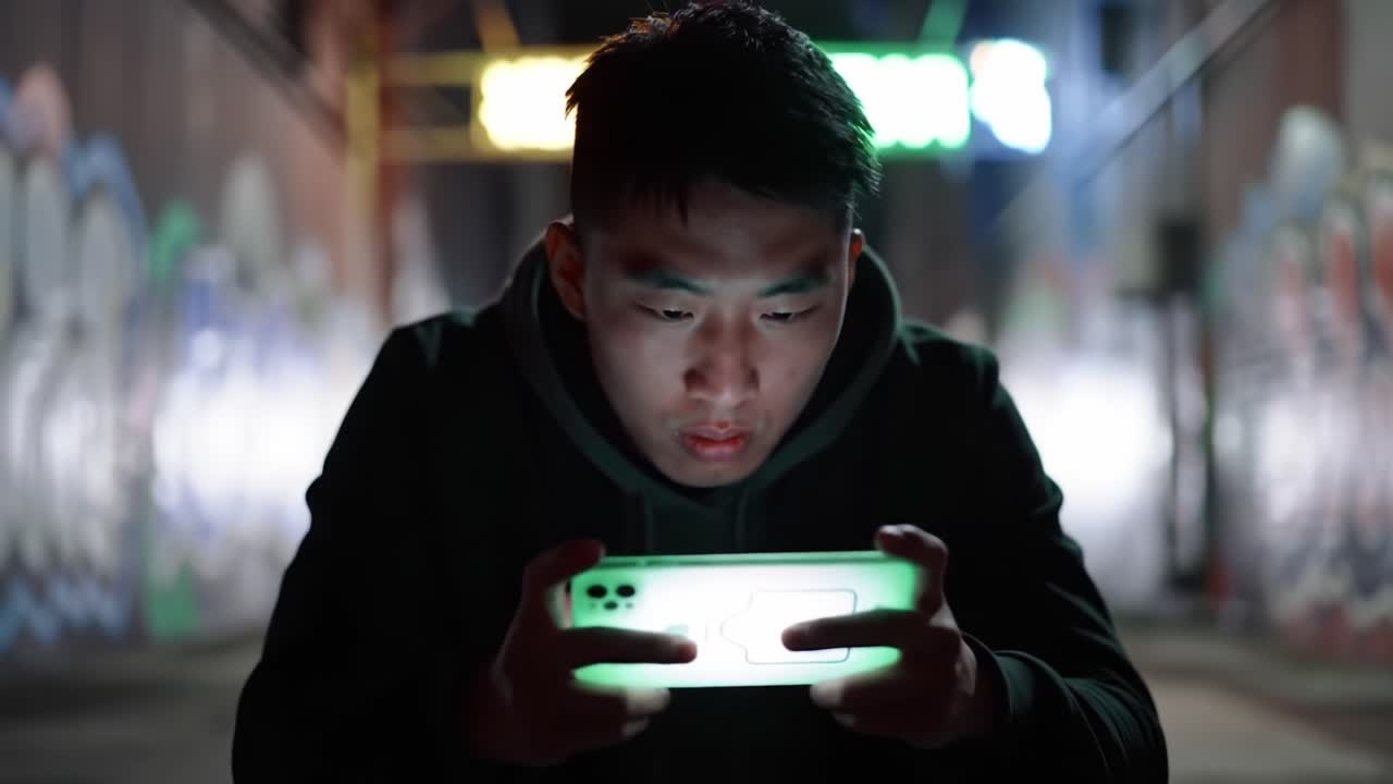 A Young Man Engrossed in Gaming while Seated in a Dimly Lit Alley, Illuminated by the Bright Glow of His Smartphone, Captured in Two Frames