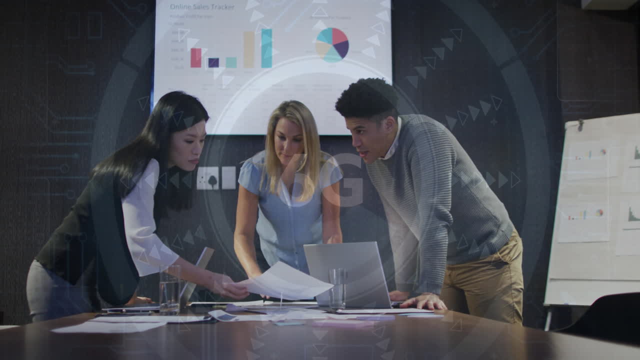 Analyzing documents with data processing animation, business team in conference room