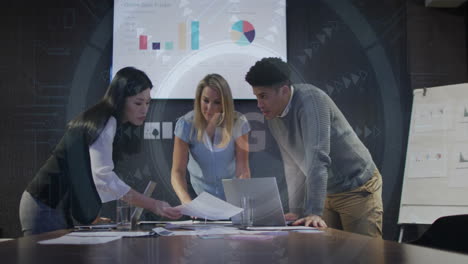 analyzing documents with data processing animation, business team in conference room
