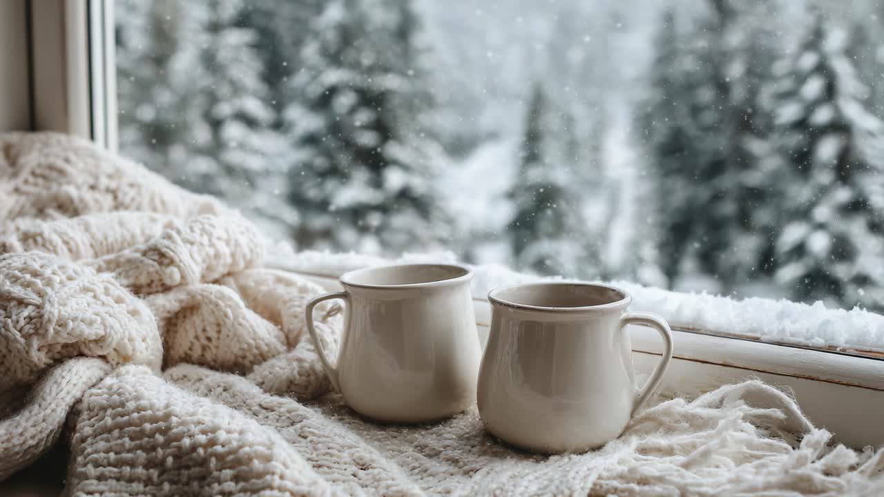 Momenti invernali accoglienti: Due tazze di tè caldo su un davanzale, circondate da un bellissimo paesaggio innevato e una morbida coperta di lana.