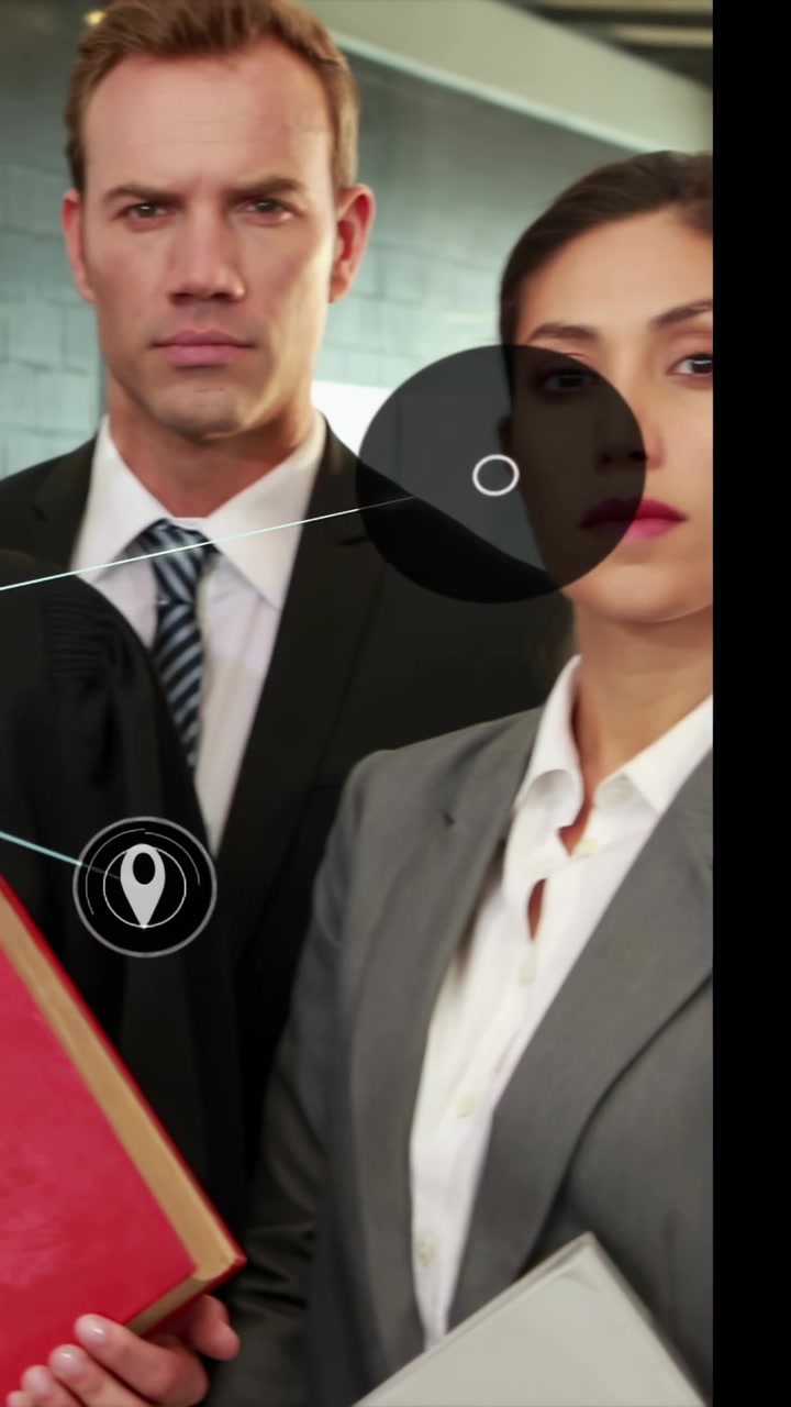 Video verticale: Ritorno indietro che rivela un team in abiti eleganti che tiene dei fascicoli in ufficio, con icone che collegano il team.