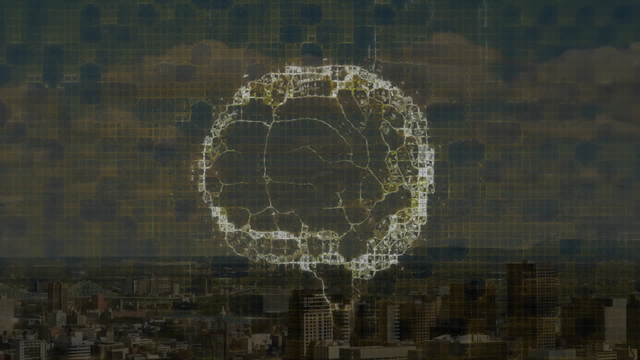 Digital brain animation over cityscape with buildings and cloudy sky
