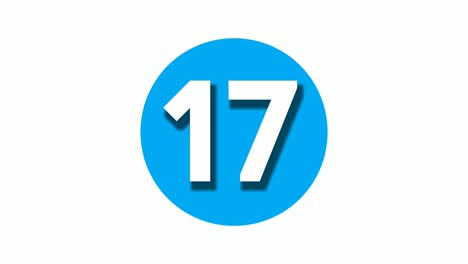 Número-17-Diecisiete-Símbolos-De-Signos-Animación-Gráficos-En-Movimiento-Sobre-Fondo-Blanco-De-Círculo-Azul,-Número-De-Vídeo-De-Dibujos-Animados-Para-Elementos-De-Vídeo