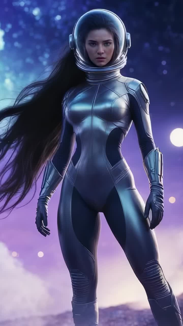 Vertical video: Lifting arms female astronaut in suit helmet on alien planet glowing orb and nebula