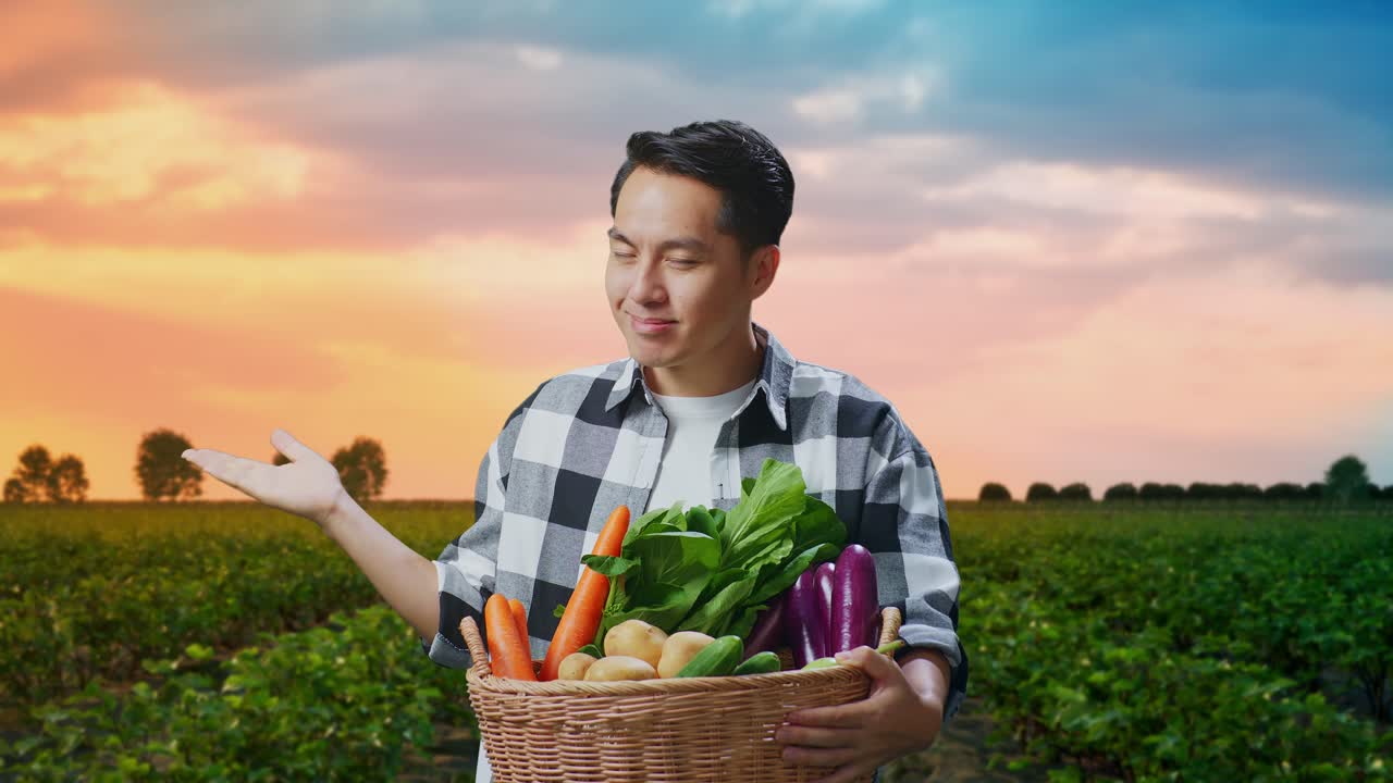 야채 바구니 를 들고 있는 아시아 남성 농부 가  에 서 있는 동안 열려 있는 손바닥 을 보여 준다