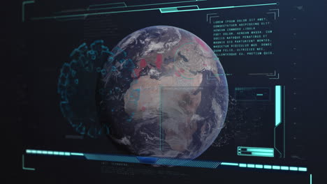 animation of covid 19 cell and medical data processing on digital screen over globe