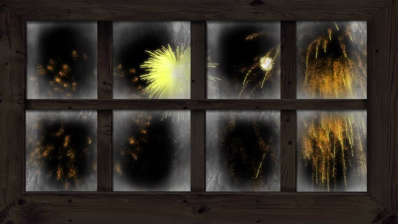 다채로운 크리스마스와 새해 불꽃놀이가 밤하늘에서 폭발하는 창문의 애니메이션