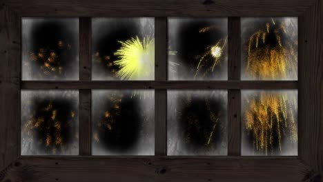 animation of window with colourful christmas and new year fireworks exploding in night sky