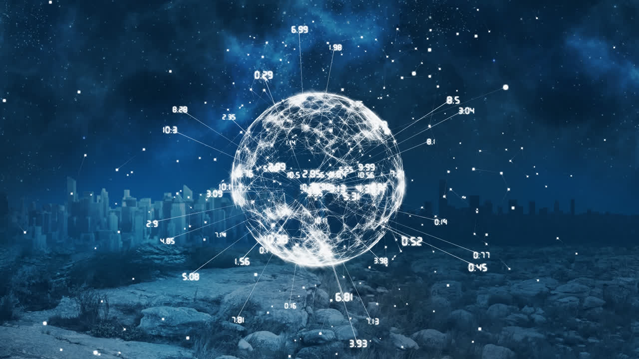 해안 위에서 회전하는 디지털 지구