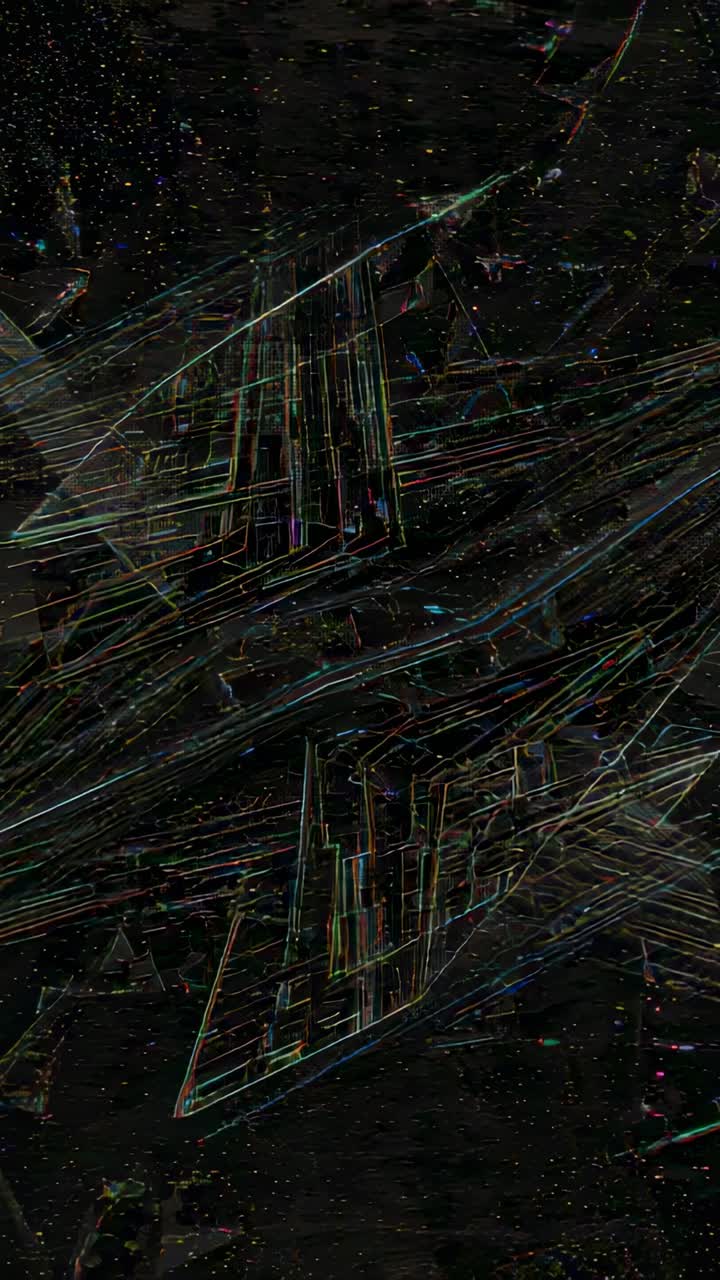 Vertical video: Starting two overlapping neon green grids glowing, rotating upward in void