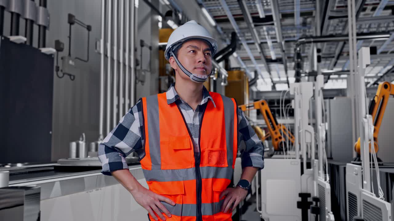 Ingegnere asiatico maschio con elmetto di sicurezza che si guarda intorno mentre è in piedi con le mani sui fianchi, in una linea di produzione di batterie automatizzata in una fabbrica moderna.