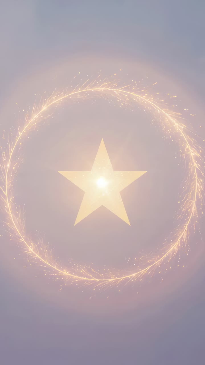 Vertical video: Loop starting pulsing star emitting rotating gold ring on pastel gradient, festive
