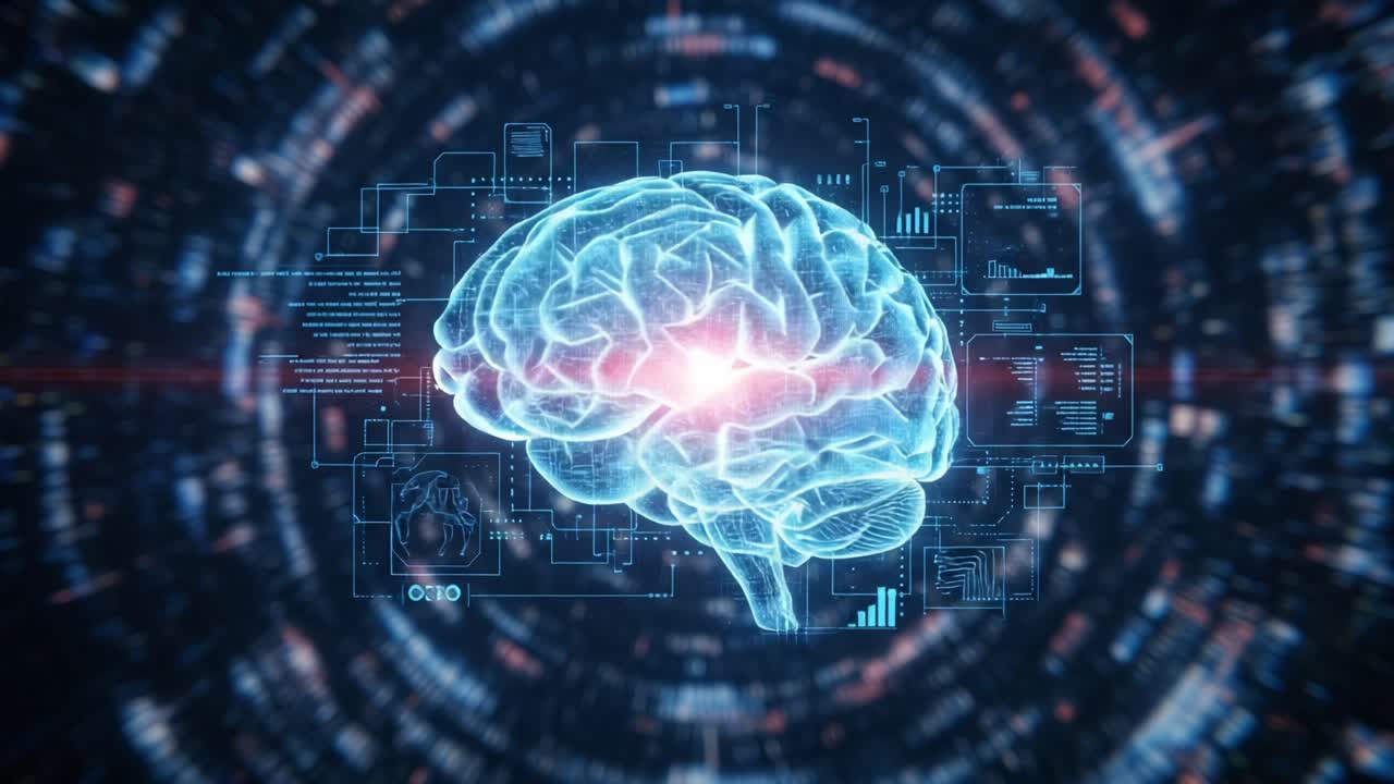 A Futuristic Visualization of a Glowing Brain Surrounded by Data Streams and Information Patterns, Highlighting the Intersection of Neuroscience and Technology in Modern Society