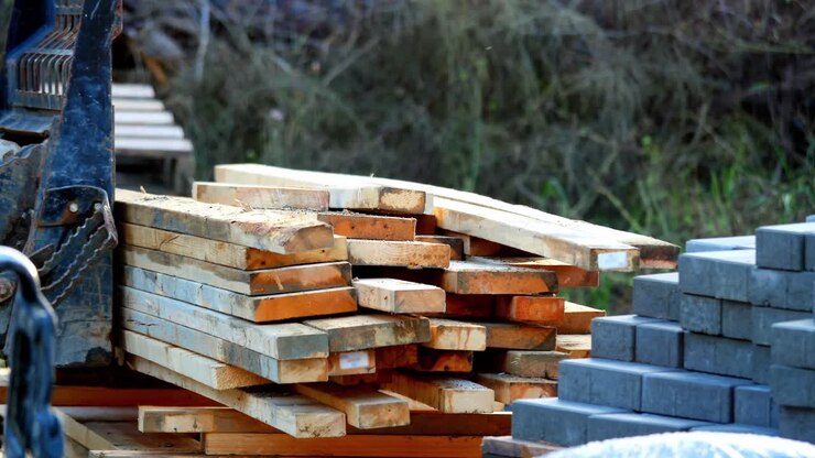 Forklift loading wooden plank