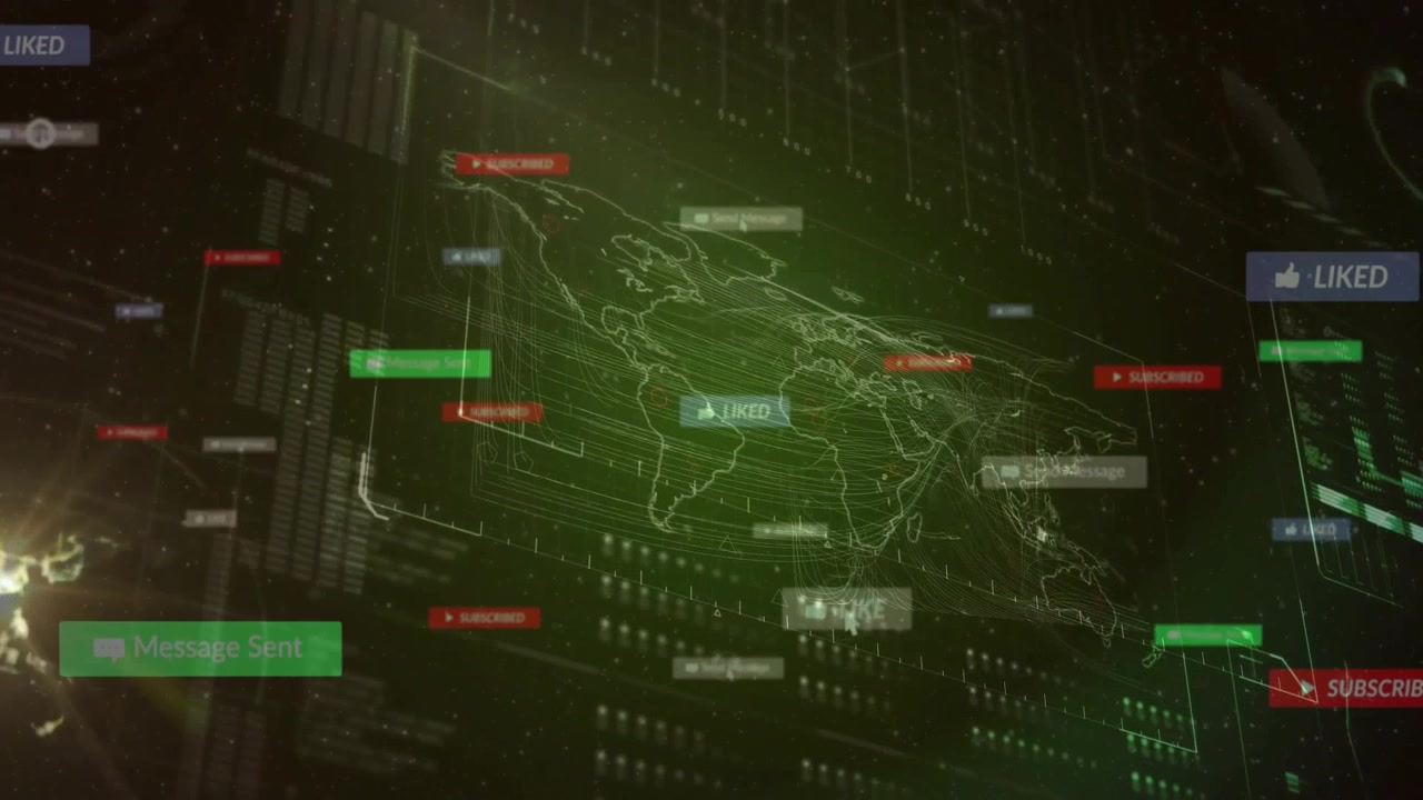 Wireframe map floating center, displaying green interface with particles drifting and alert badges