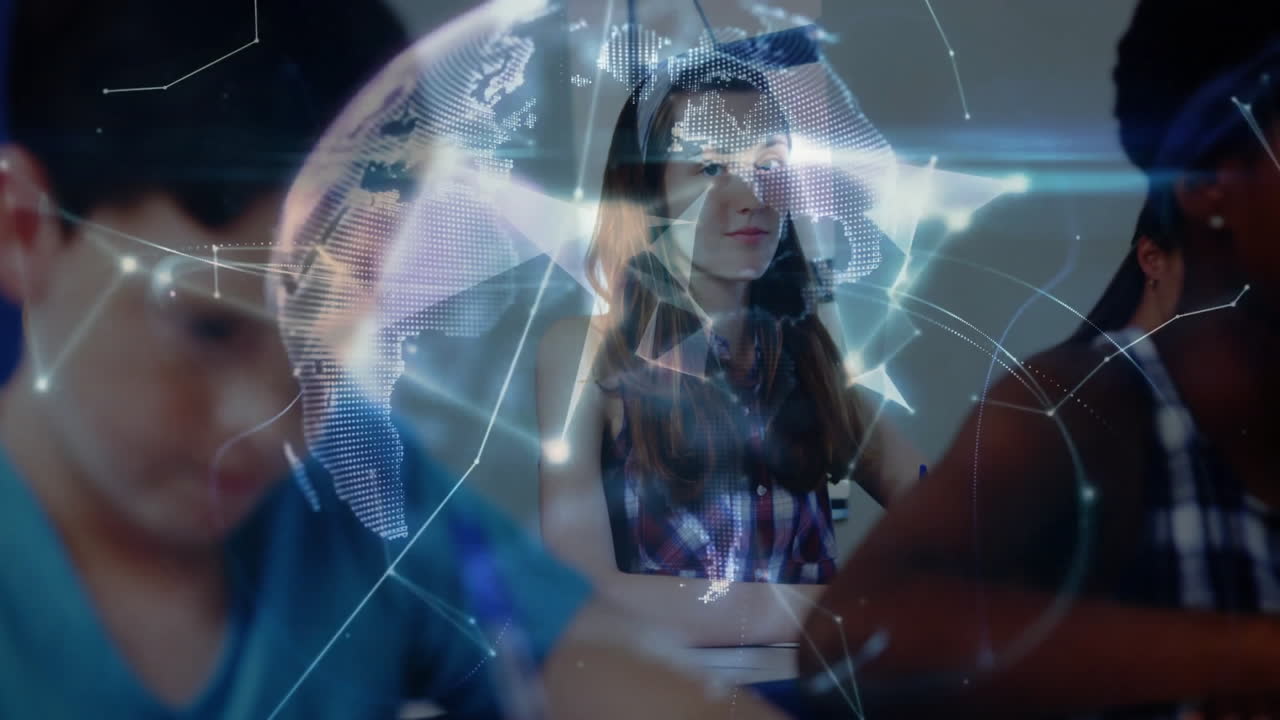 Students in classroom with digital globe and network connections overlay animation