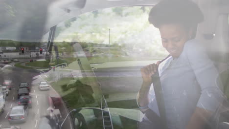 animación del paisaje sobre mujer afroamericana en el coche.