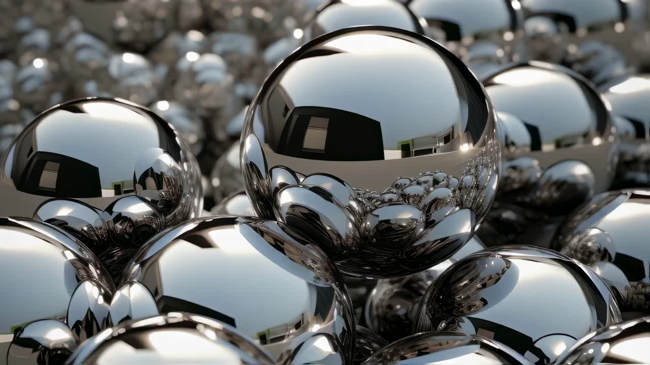 Reflecting a building, numerous large and small shiny chrome spheres group together, forming an abstract and modern composition that captivates with its metallic elegance and smooth textures