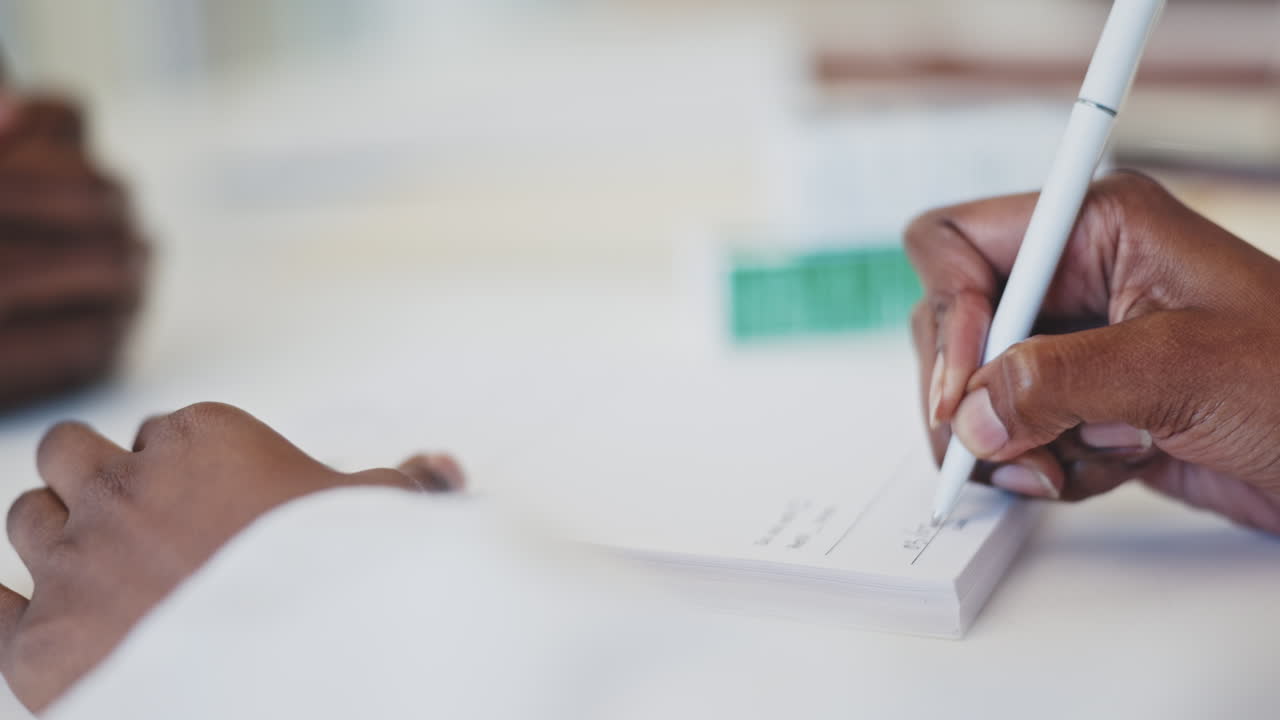 Doctor, patient and hands writing signature