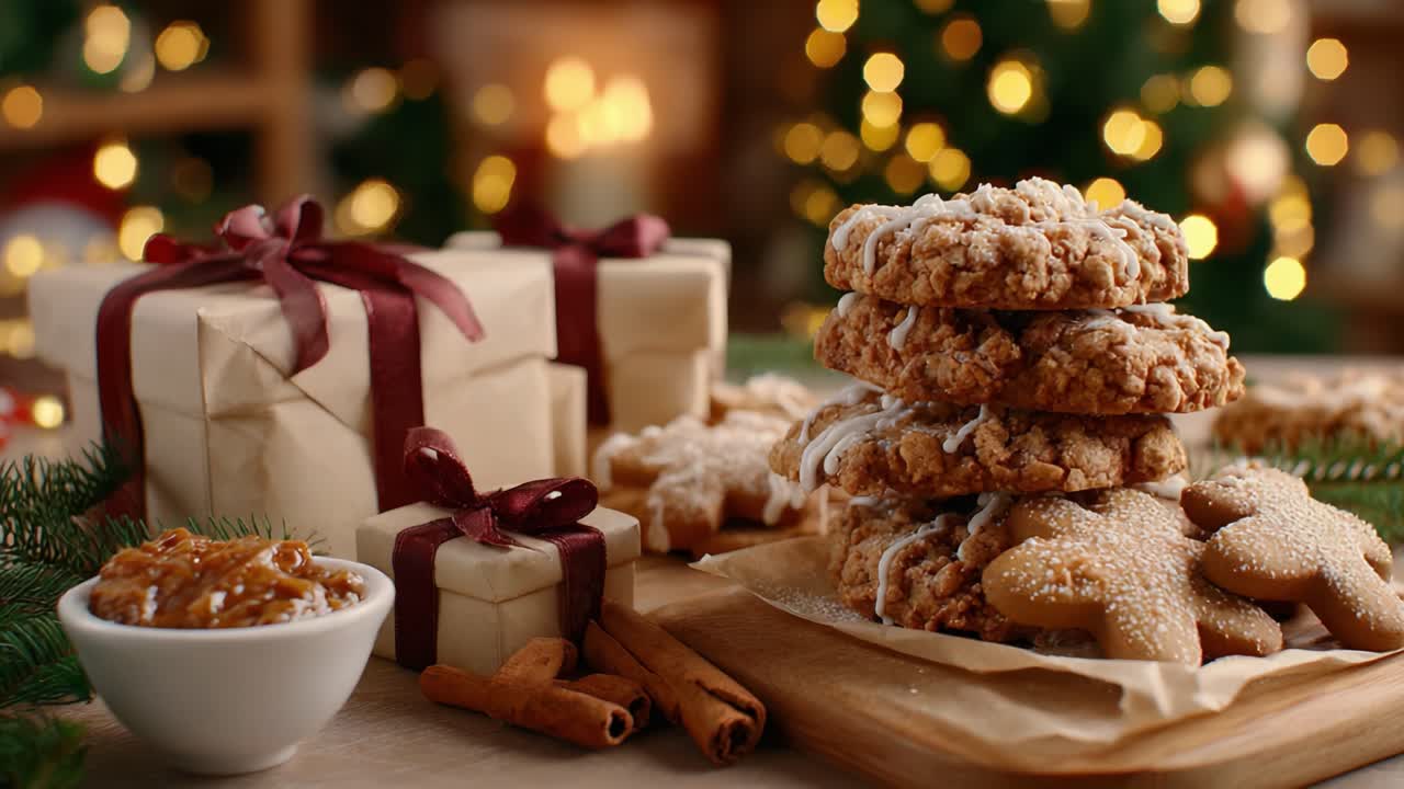 Entzückende Weihnachtsleckereien: Ein festliches Arrangement aus Keksen, Geschenken und Deko mit leckerem Lebkuchen und süßen Toppings vor einem gemütlichen Hintergrund