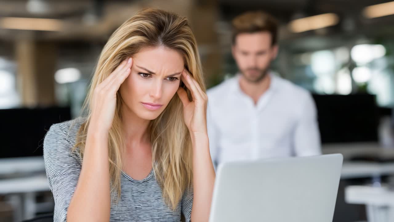 A woman experiencing stress and frustration while working on a laptop in a modern office environment, as a man fades into the background, highlighting her focused struggle
